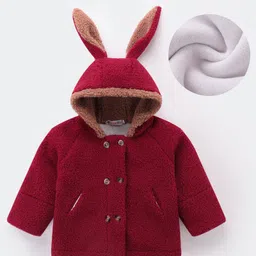 Kookie Kids Full Sleeves Hooded Winter Fur Jacket with 3D Bunny Applique & Pockets - Red-picture-27