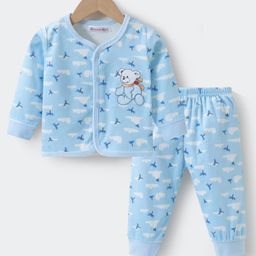Kookie Kids Full Sleeves Winter Wear T-Shirt & Lounge Pant Set with Bear Patch- Light Blue-picture-4