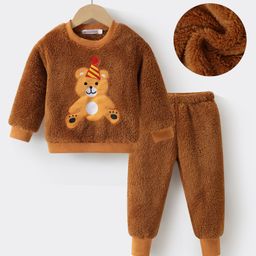Kookie Kids Full Sleeves Winter Wear Suit With Teddy Applique - Brown-picture-7