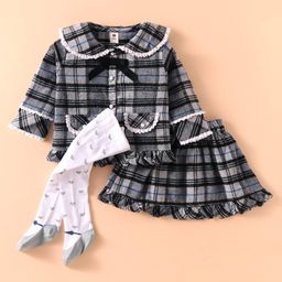 ToffyHouse Cotton Woven Full Sleeves Checkered Top & Skirt Set With Bow Applique & Stockings - Charcoal Grey-picture-23
