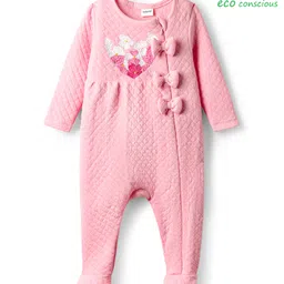 Babyoye Eco Conscious 100% Cotton Knit Solid Dyed Full Sleeves Sleep Suit with Floral Embroider & Bow Applique - Pink-picture-36