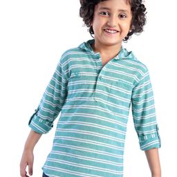 Rikidoos Full Sleeves Striped Kurta Style Hooded Shirt - Sea Green-image-4