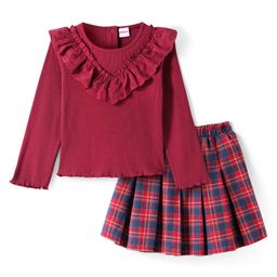 Babyhug Cotton Knit Full Sleeves Ribbed Top & Checkered Skirt Set - Maroon-image-94