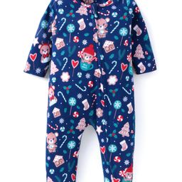 Babyhug 100% Cotton Knit Full Sleeves Front Open Romper with Christmas Theme Print - Navy Blue-image-11