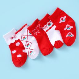 Doodle Poodle Cotton Knit Ankle Length Socks with Floral Design Pack of 5- White & Red-image-98