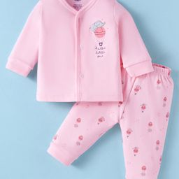 Zero Interlock Knit Full Sleeves Front Open T-Shirt & Lounge Pant Set With Elephant Embroidery & Air Balloon Print - Baby Pink-picture-38