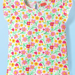 Babyhug Cotton Knit Frill Sleeves T-Shirt with Floral Print - White-image-111