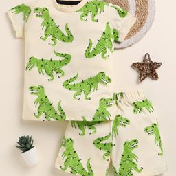 Little Marine Cotton Blend Half Sleeves Dinosaurs Printed Tee With Coordinating Shorts Set - Off White-image-34