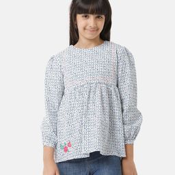 Under Fourteen Only Cotton Three Fourth Puffed Sleeves Abstract Printed Floral Embroidered Top - Blue-image-66