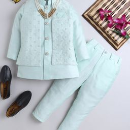 Ahhaaaa Silk Blend Full Sleeves Solid Kurta Pant With Threadwork Detailed Jacket Set - Green-image-78