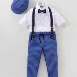 Dapper Dudes Full Sleeves Abstract Printed Shirt & Striped Pant With Suspender Cap & Bow Set - Blue & White-image-90