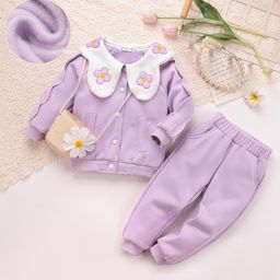 Mark & Mia Cotton Knit Full Sleeves Front Open Top and Jogger Set with Sling Bag - Lilac & White-picture-45
