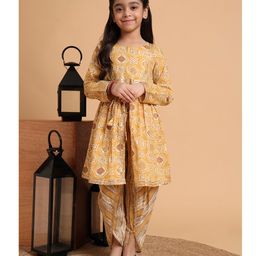 Aspriya Cotton Woven Full Sleeves Ethnic Motif Printed & Gota Lace Embellished Kurti Dhoti Set - Mustard-image-30