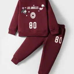 Smarty Girls Fleece Knit Full Sleeves Winter Wear T-Shirt & Lounge Pant Set With Floral & Text Embroidery - Maroon-picture-4