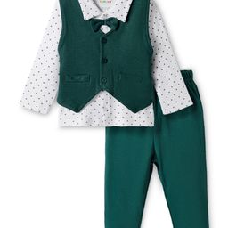 BUMZEE Cotton Knit Full Sleeves Polka Dots 3 Piece Party Suit With Bow Attached - Green & White-picture-9