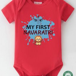 BLUSHES 100% Cotton Knit Navratri Theme Half Sleeves My First Navaratri Text Printed Onesie - Red-picture-5