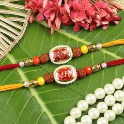 Asthetika Set of 2 Artificial Stones Studded Swastik Rudraksha Traditional Thread Rakhis-13