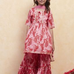 Biba Girls Paisley Printed Regular Pure Cotton Kurta with Sharara & With Dupatta-picture-22