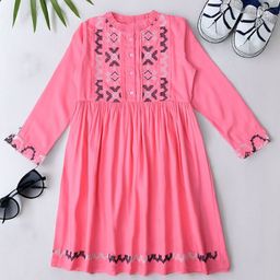 BAESD Girls Ethnic Motifs Embroidered Round Neck A-Line Dress-47
