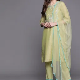 Biba Women Green Yoke Design Kurta with Trousers & Dupatta-picture-12