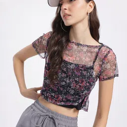 DressBerry Slay with Blooms Print Semi-Sheer Crop Top with Lining-picture-1