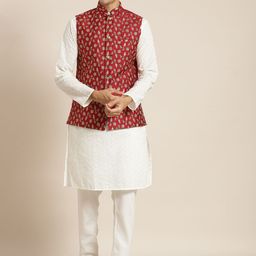 SOJANYA Men Cream-Coloured Chikankari Pure Cotton Kurta with Churidar & Nehru Jacket-picture-41