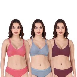 AROUSY Pink & Blue Cotton Bra Panty Set - Pack Of 3-image-61