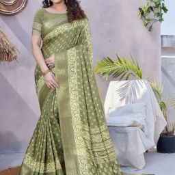 MIRCHI FASHION Olive Green Printed Saree With Unstitched Blouse-picture-29