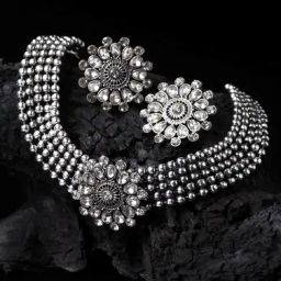 Panash Oxidized Silver Plated White CZ Studded Jewellery Set-image-22