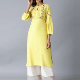 W Yellow Embroidered Straight Kurta-image-19
