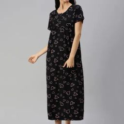 Kryptic Black Printed Pure Cotton Maxi Night Dress-image-105