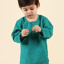 Fabindia Kids Teal Blue Cotton Printed Full Sleeves Kurta-image-94