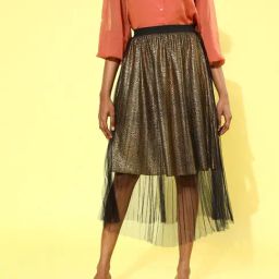 KASSUALLY Gold Self Design Skirt-image-7