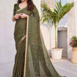 MIRCHI FASHION Mehendi Green Printed Saree With Unstitched Blouse-image-24