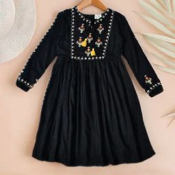 Bella Moda Girls Black Cotton Three Fourth Sleeves Floral Embroidered Knee Length Dress-image-47