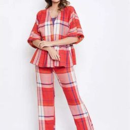 The Kaftan Company Red Cotton Chequered Top Pyjamas Set-image-65