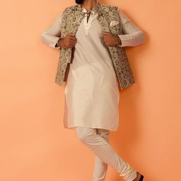 KISAH Mandarin Collar Straight Kurta with Churidar & Woven Design Nehru jacket-56