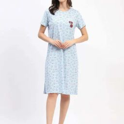 MADAME M Secret Sky Blue Cotton Printed Sleep Tees-image-37
