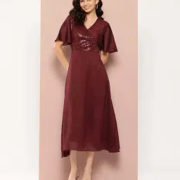 Qurvii Maroon Embellished A-Line Dress-image-99