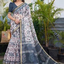 MIRCHI FASHION Off-White Floral Print Saree With Unstitched Blouse-image-86