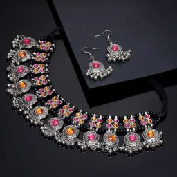 Panash Oxidized Silver Toned Yellow & Pink Stone Studded Handcrafted Choker Jewellery Set-image-66