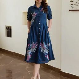 Autumnlane Blue Cotton Comfort Fit Embroidery Dress-image-46