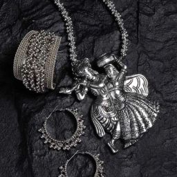 Panash Oxidized Silver Plated Radha Krishna Temple Jewellery Set-image-57
