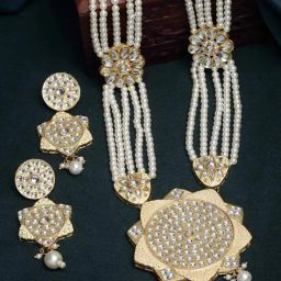 Panash Gold Plated White Stone Studded & Pearl Beaded Jewellery Set-image-51