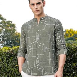 Thomas Scott Olive Slim Fit Embroidery Shirt-image-98