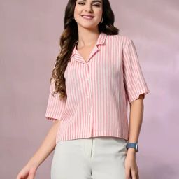 PRETTY LOVING THING Pink Viscose Rayon Striped Short Sleeve Shirt-image-87