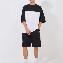 Styli Black & White Relaxed Fit T-Shirt & Cargo Shorts Set-picture-10