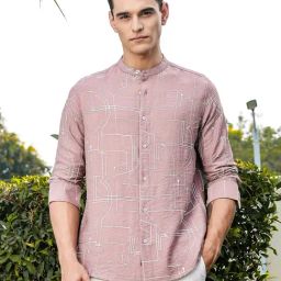 Thomas Scott Pink Slim Fit Embroidery Shirt-image-71