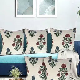 KANUSHI INDUSTRIES White & Green Set of 5 Floral Square Cushion Covers-15
