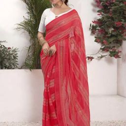 Satrani Pink Zari Work Saree With Unstitched Blouse-image-23